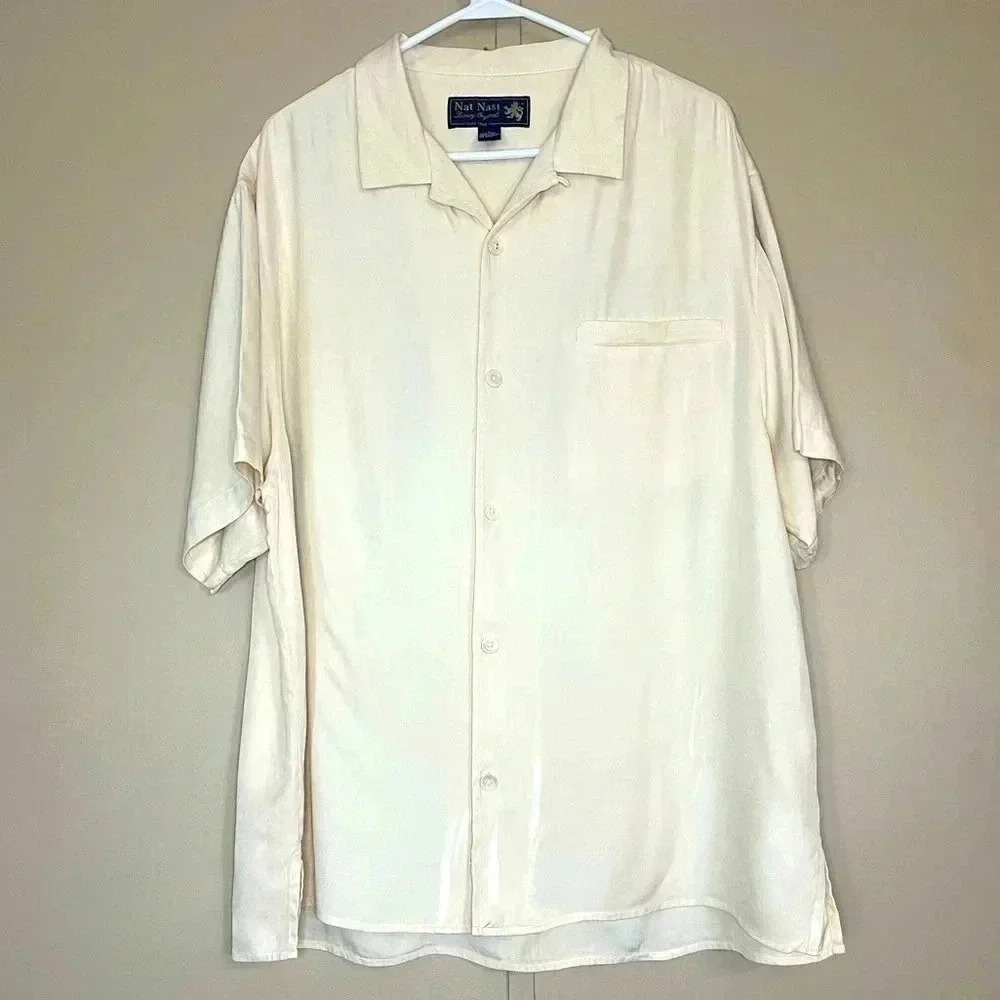 Nat Nast Button Up Shirt Beige Men Large Silk Embroidered Short Sleeve Collared